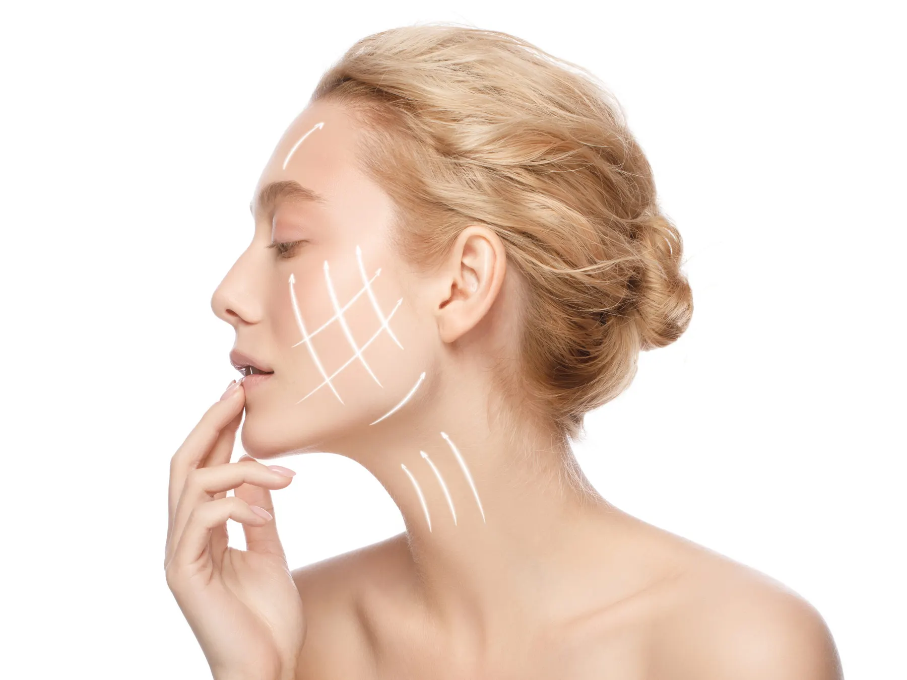 A woman photographed in profile against white, with fine white contour lines drawn across her cheek and jaw.