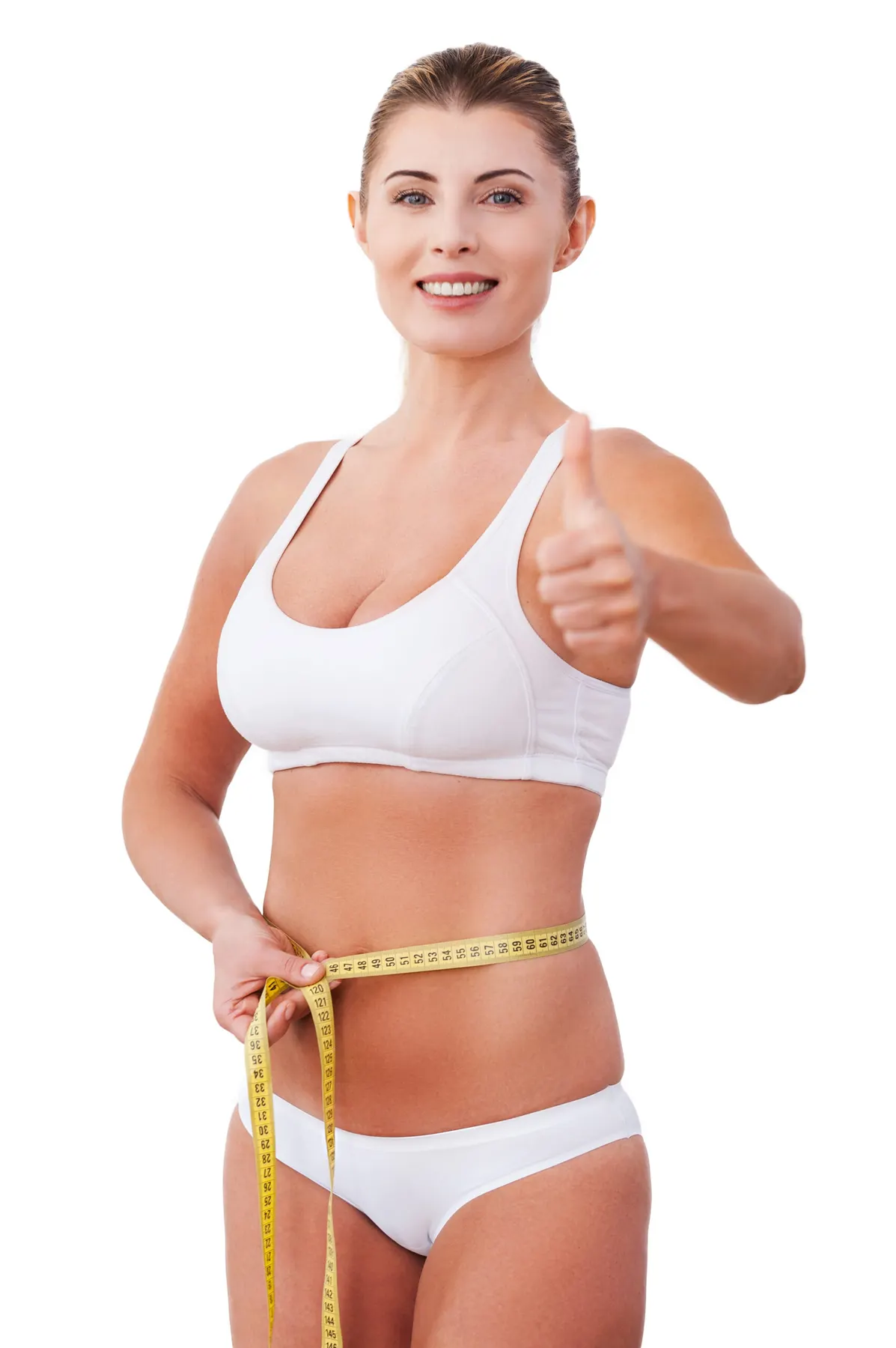 A woman in a white sports top measuring her waist with a yellow tape measure and giving a thumbs up.