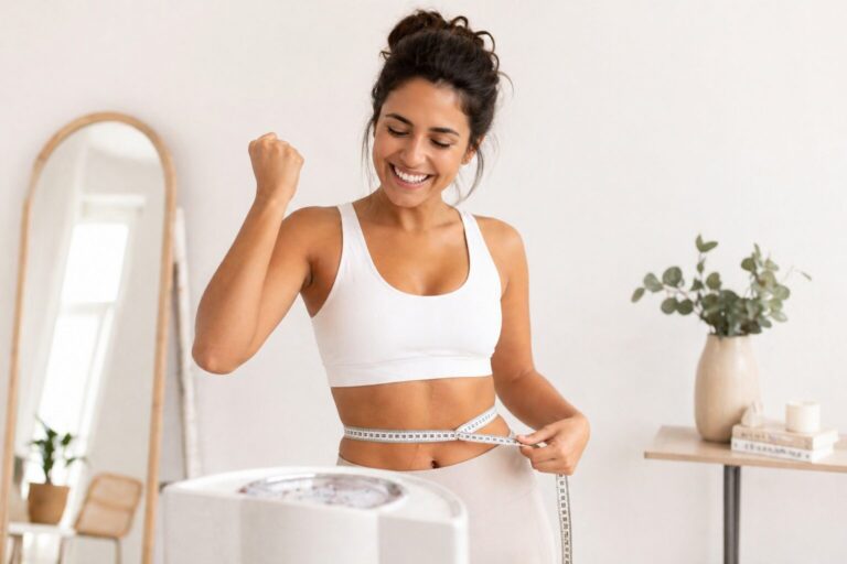 Happy woman measuring waist – medical weight loss results