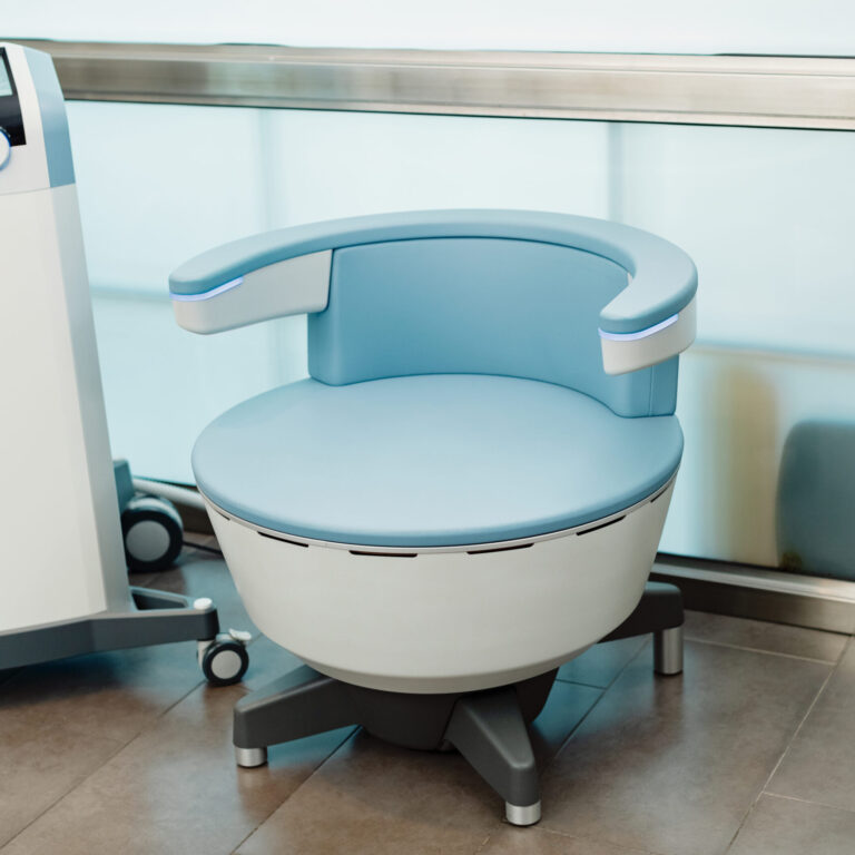 Electromagnetic chair for stimulation of deep pelvic floor muscles and restoring neuromuscular control at the clinic.
